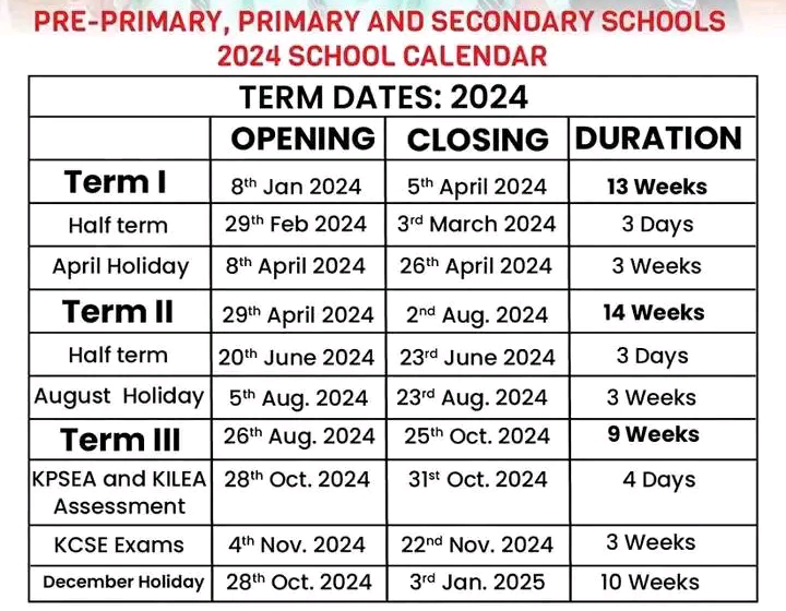 Revised Schools Term Dates/Calender for 2024 Academic year